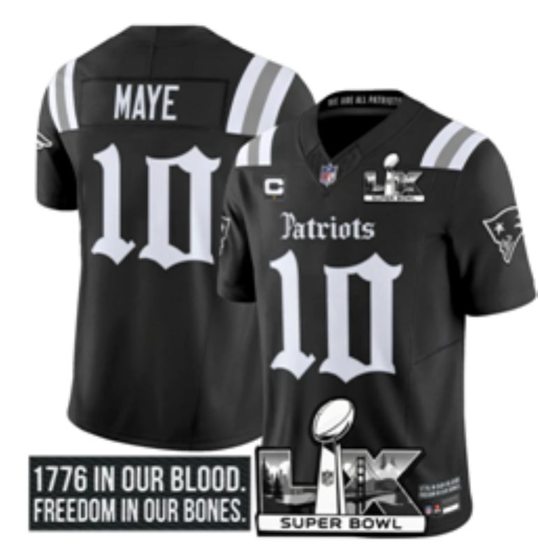 Men 2026 New England Patriots #10 Maye Black Super Bowl Nike Limited NFL Jersey style 02